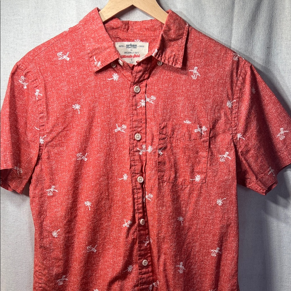 Urban Pipeline Red Button Down Shirt with Toucans and Palm trees